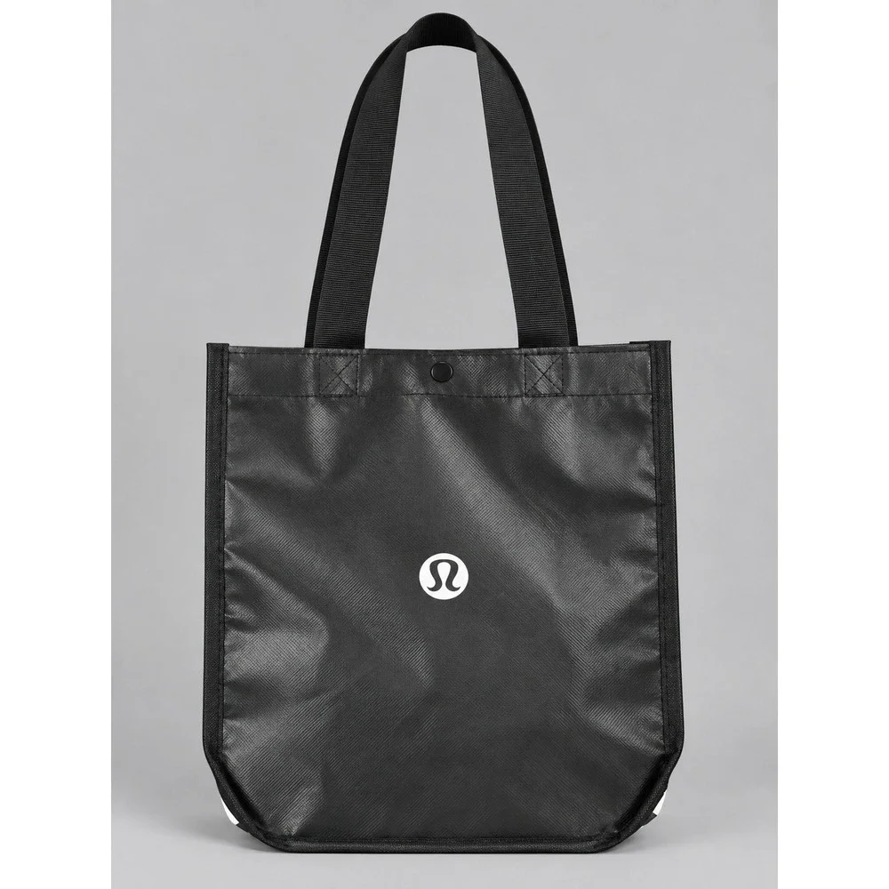 Lululemon Small Reusable Shopping Tote Bag Black White Logo Snap Closure